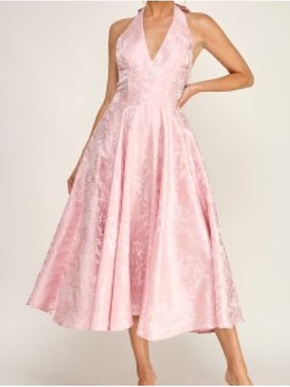 Sleeveless V-Neck Pink Midi Dress side pockets